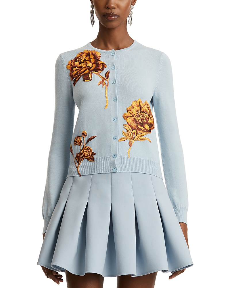 Oscar De La Renta Peony-embroidered Cardigan In Blue