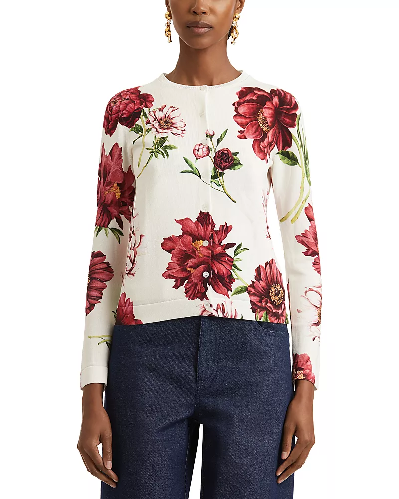 Oscar de la Renta Long Sleeve Peony Print Cardigan Sweater