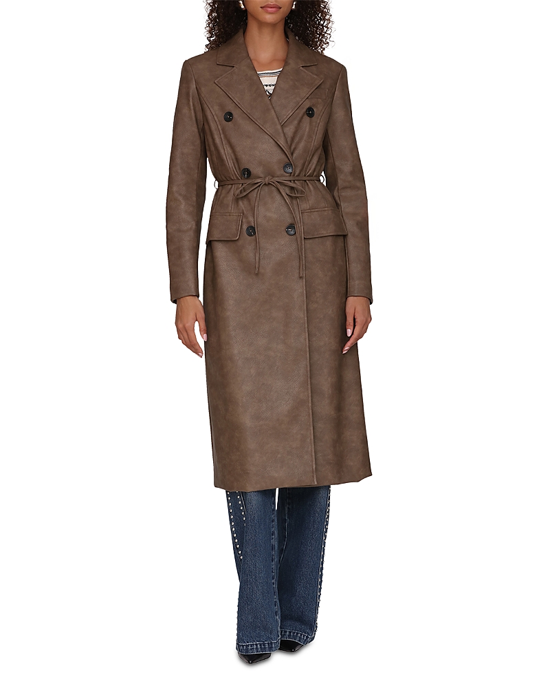 Avec Les Filles Faux-ever Leather Belted Trench Coat In Brown