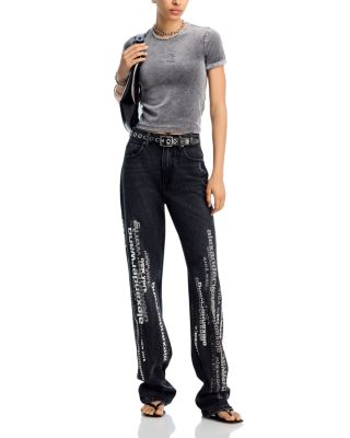 EZ Vertical Screen Print High Rise Straight Wide Leg Jeans in Aged Grey