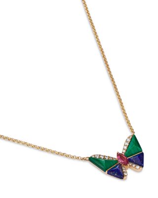 Pink Tourmaline, Lapis Lazuli, Malachite & Diamond Butterfly Necklace in 14K Yellow Gold, 16-18"