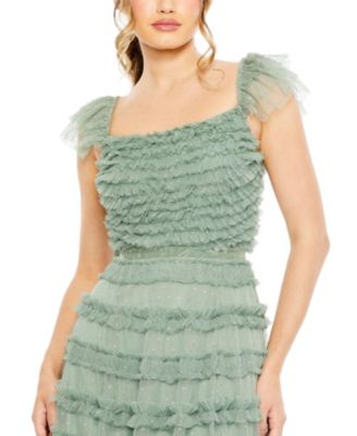 Ruffle Cap Sleeve Embellished Tiered Gown