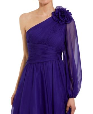 One Sleeve Ruched Chiffon Gown with 3D Flower