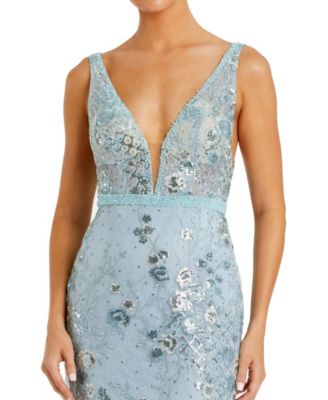 Floral Embellished Sleeveless Plunge Neck Gown