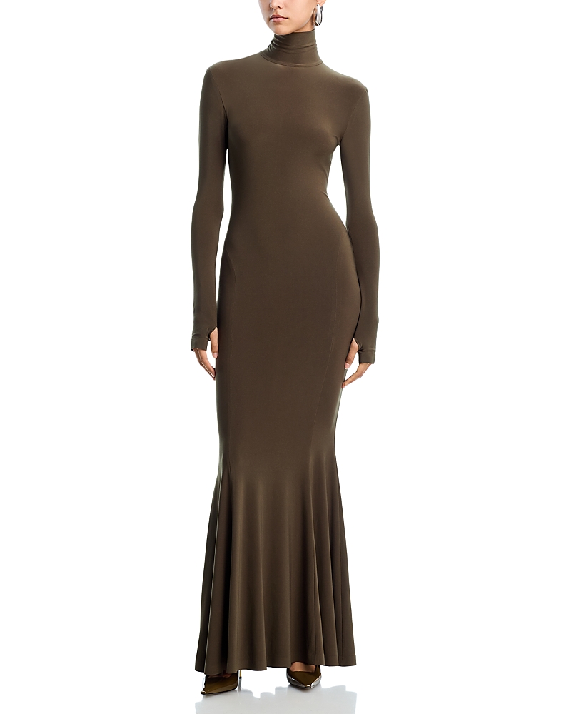 Norma Kamali Turtleneck Fishtail Gown In Brown