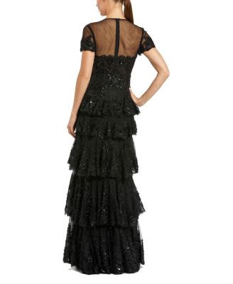  Short Sleeve Tiered Mesh Gown With Embellishments