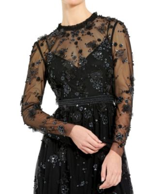  Sheer Long Sleeve Embellished Midi Dress