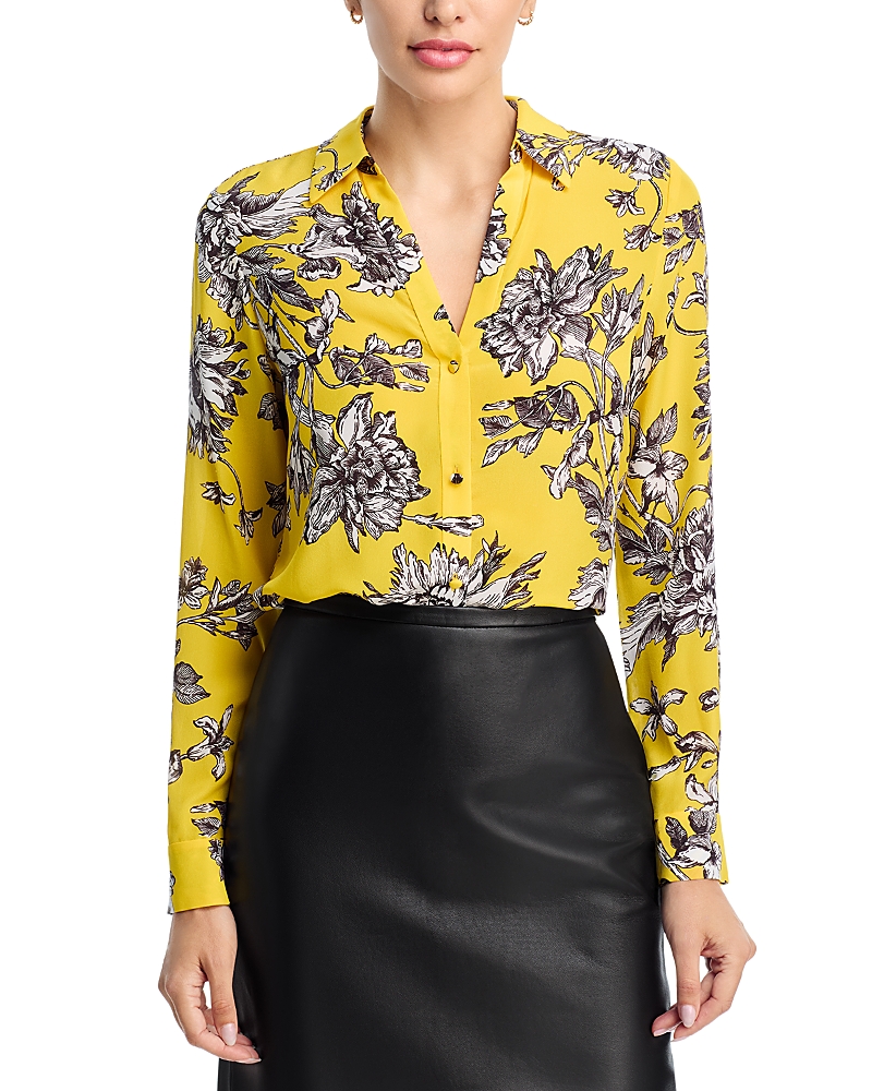 Alice And Olivia Eloise Blooming Wild Golden Button-front Silk Blouse In Yellow