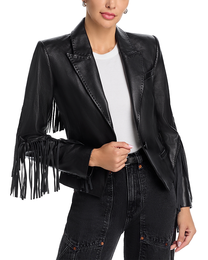 L'agence Vashti Leather Fringe Trim Blazer In Black