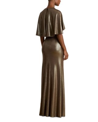 Metallic Jersey Twist Front Cape Gown
