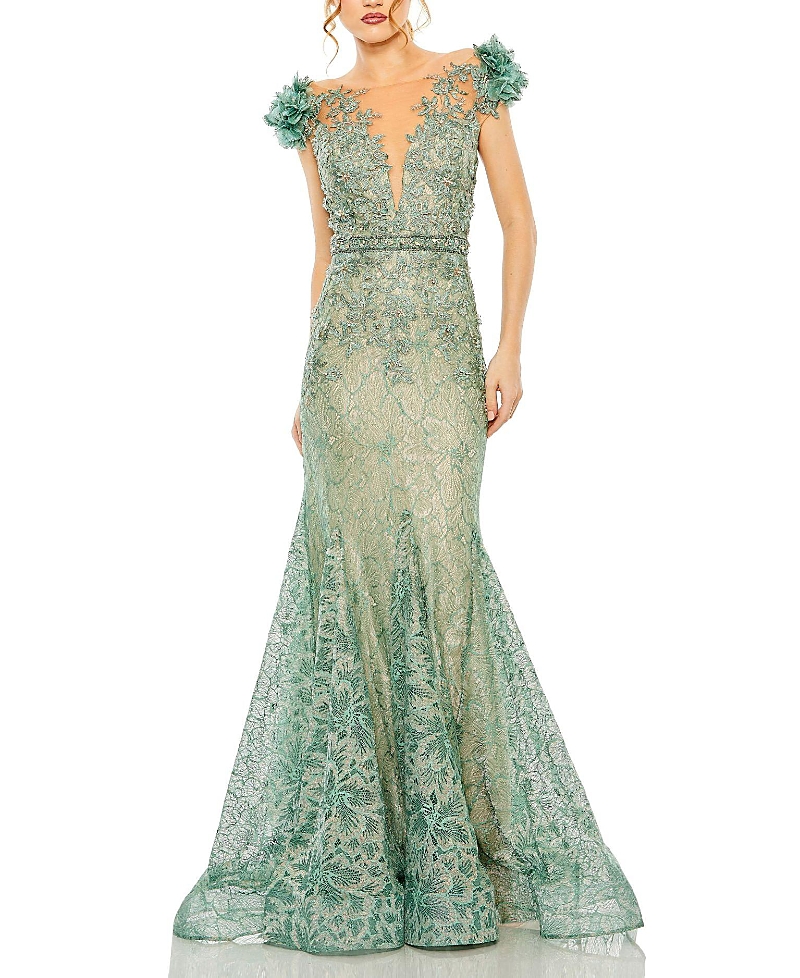 Mac Duggal Embroidered Illusion Appliqued Bodice Trumpet Gown In Green
