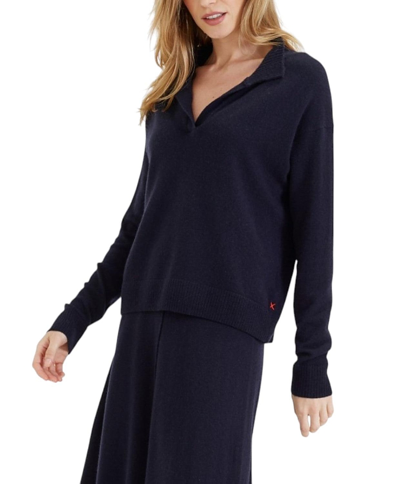 Chinti & Parker Wool Cashmere Blend V Neck Collared Sweater In Blue