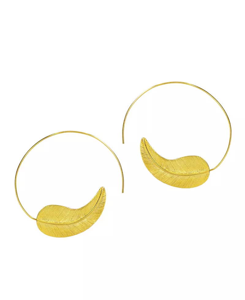 Ottoman Hands Gold Feather Pull Through Hoop Earrings