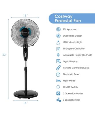 16" Adjustable Oscillating Pedestal Fan Dual Blades with Remote Control