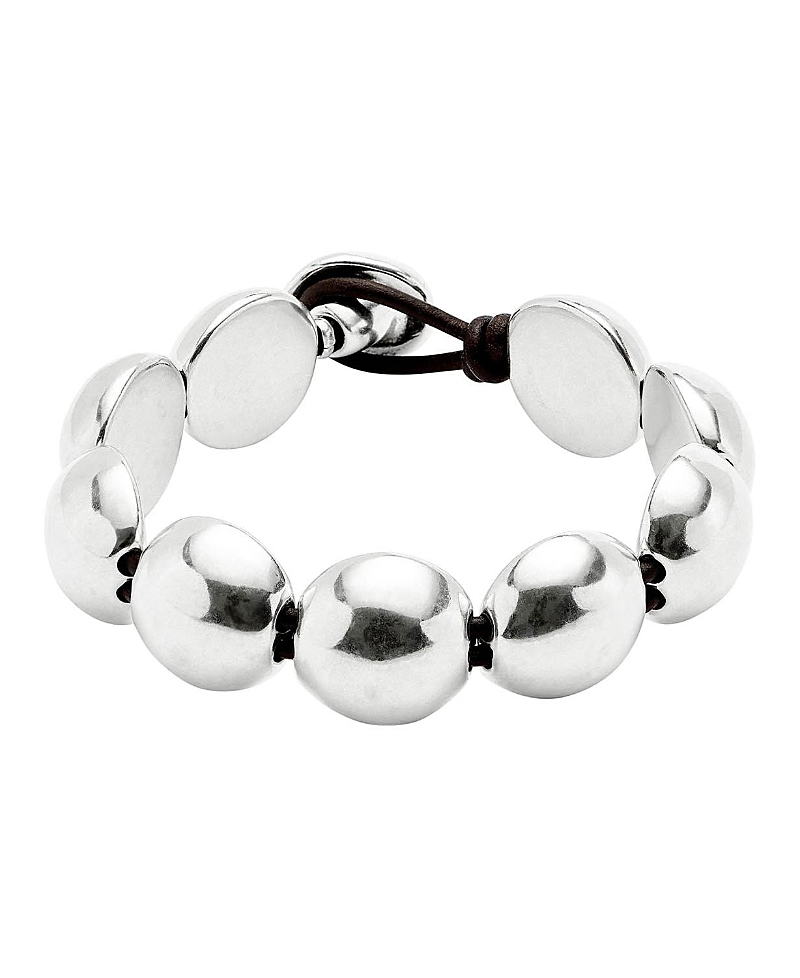 Unode50 Leather With Large Metal Alloy Beads Plated In Sterling Bracelet In Metallic