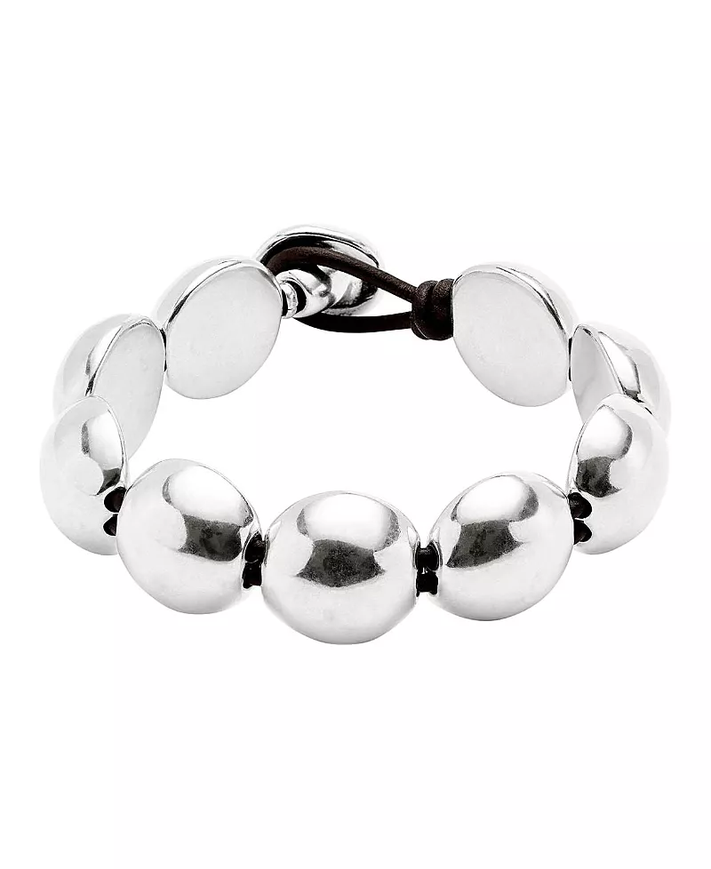 UNOde50 Leather with Large Metal Alloy Beads Plated in Sterling Bracelet
