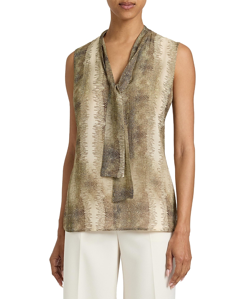 Santorelli Teca Printed Georgette Sleeveless Tie Neck Blouse In Gray