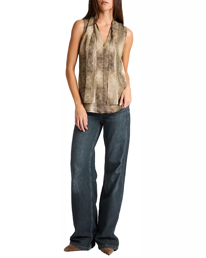 Santorelli Teca Printed Georgette Sleeveless Tie Neck Blouse