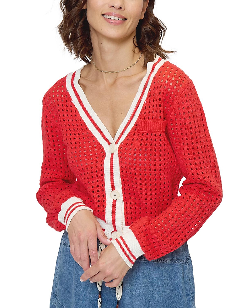 Central Park West Junie Varsity Mesh Stitch Cardigan In Red