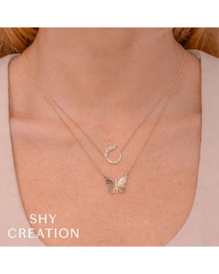 14K Yellow Gold Diamond Ribbed Butterfly Necklace, 18"