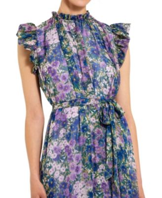 Printed Chiffon Ruffle Sleeve with Bow Belt Gown