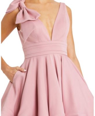 Crepe Sleeveless V Neck Mini Dress With Bow