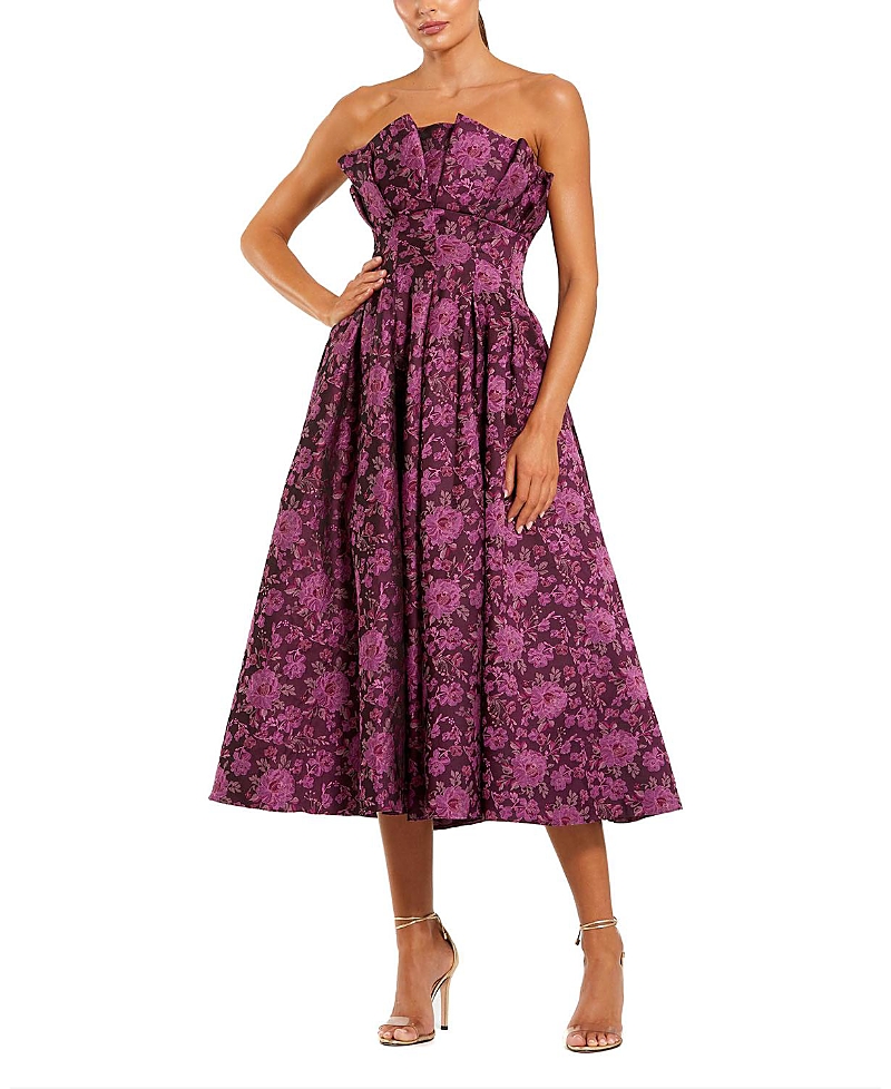 Mac Duggal Strapless Floral Brocade A-line Midi Dress In Purple