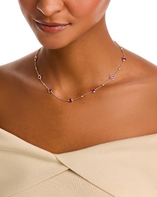 Ruby & Diamond Bezel Station Necklace in 14K Yellow Gold, 17"