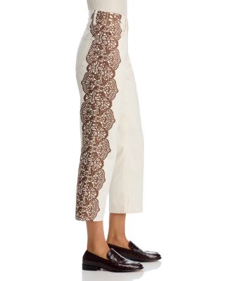 The Lace Print Wayn High Rise Cropped Jeans in Cream with Brown