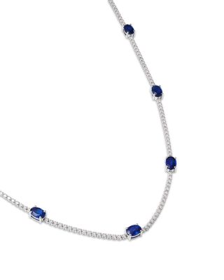 Sapphire & Diamond Station Collar Necklace in 14K White Gold, 16-18"