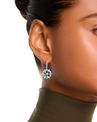 Blue Sapphire & Diamond Flower Dangle Huggie Earrings in 14K White Gold