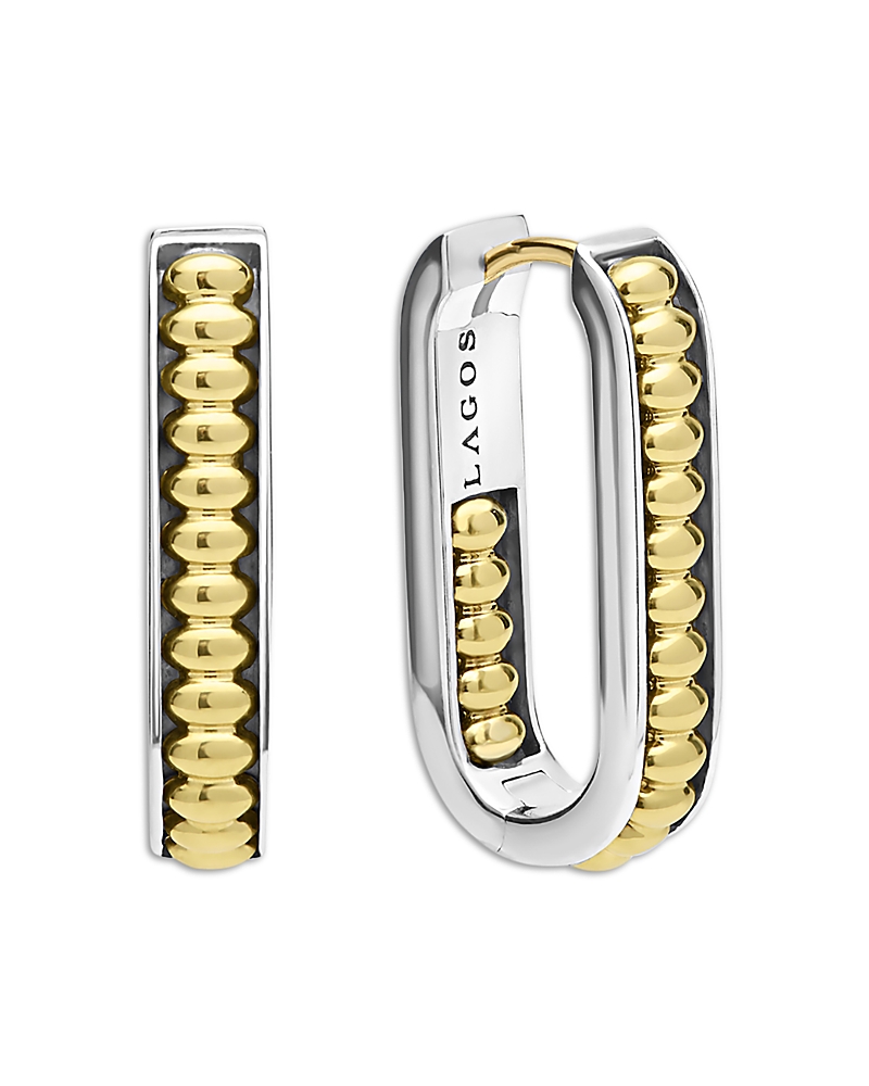 Lagos 18k Yellow Gold & Sterling Silver Signature Caviar Diamond Oval Hoop Earrings In Silver