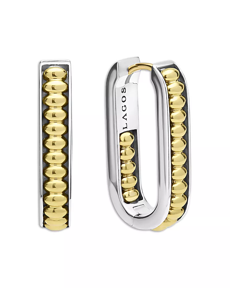 Lagos 18K Yellow Gold & Sterling Silver Signature Caviar Diamond Oval Hoop Earrings