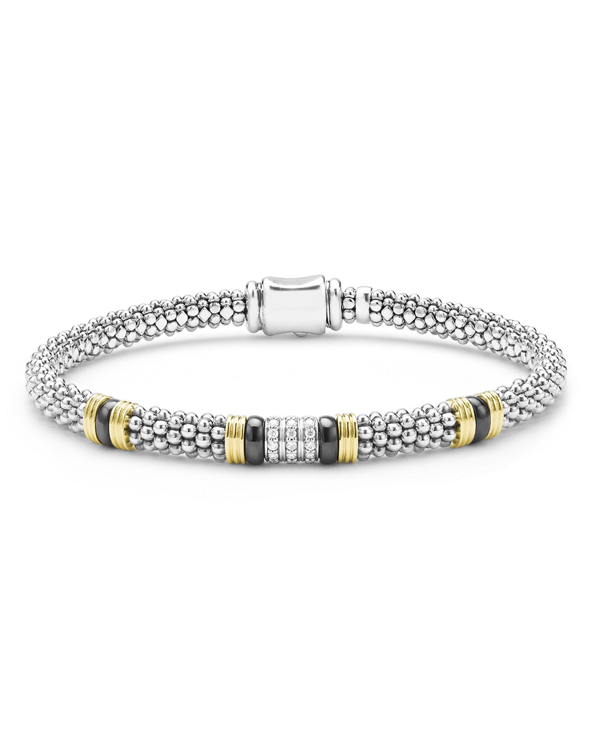 18K Yellow Gold & Sterling Silver Black Caviar Diamond & Black Ceramic Station Bracelet