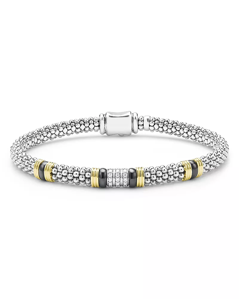 Lagos 18K Yellow Gold & Sterling Silver Black Caviar Diamond & Black Ceramic Station Bracelet
