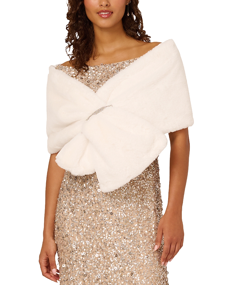 Adrianna Papell Faux Fur Shawl With Crystal Trim In White