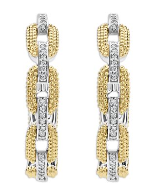18K Yellow Gold & Sterling Silver Caviar Lux Diamond Link Hoop Earrings - Exclusive 