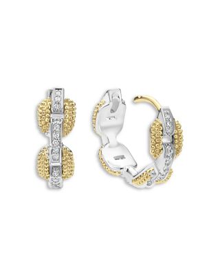 18K Yellow Gold & Sterling Silver Caviar Lux Diamond Link Huggie Hoop Earrings - Exclusive 