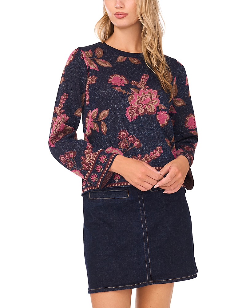 Vince Camuto Floral Jacquard Long Sleeve Crewneck Sweater In Blue