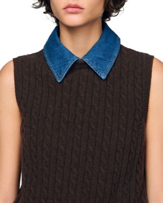 Denim Collar Cable Knit Sweater