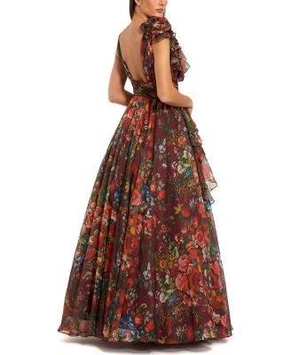 Ruffle Shoulder V-Neck Printed Chiffon Gown