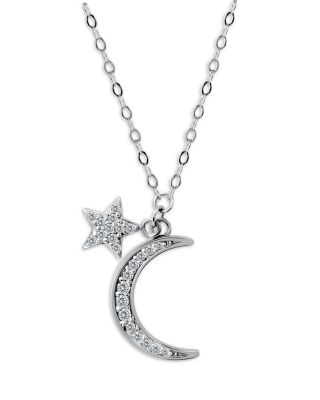 Pav&eacute; Cubic Zirconia Moon & Star Charm Necklace in Sterling Silver or 18K Yellow Gold Plated Sterling Silver, 16-18"L - Exclusive