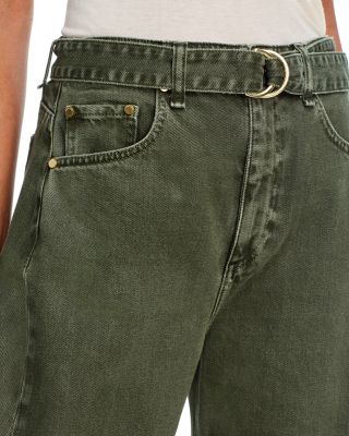 Charlie High Rise Belted Barrel Jeans in Dark Olive Stone