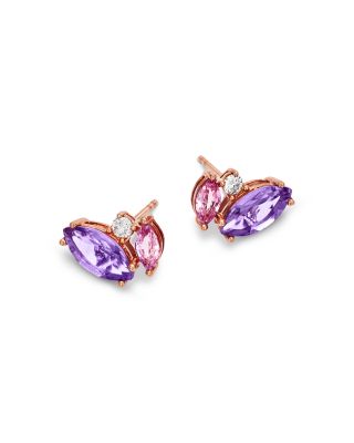 Pink Amethyst, Pink Sapphire & Diamond Cluster Stud Earrings in 14K Yellow Gold