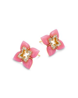 18K Yellow Gold Cabachon Pink Opal & Diamond Flower Stud Earrings