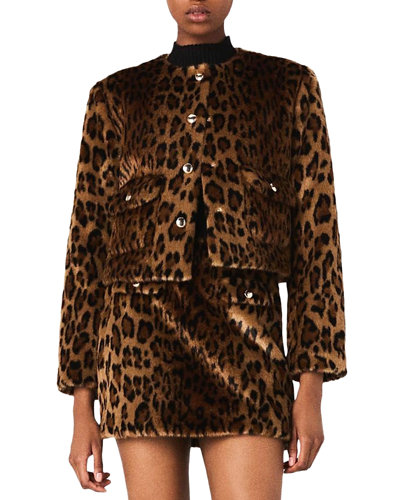 Maje Leopard Faux Fur Jacket In Multi