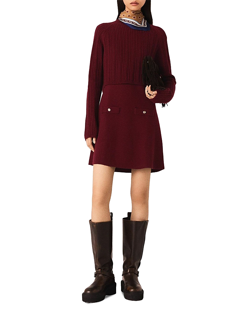 Maje Knit Mini Dress With Removable Sweater In Burgundy