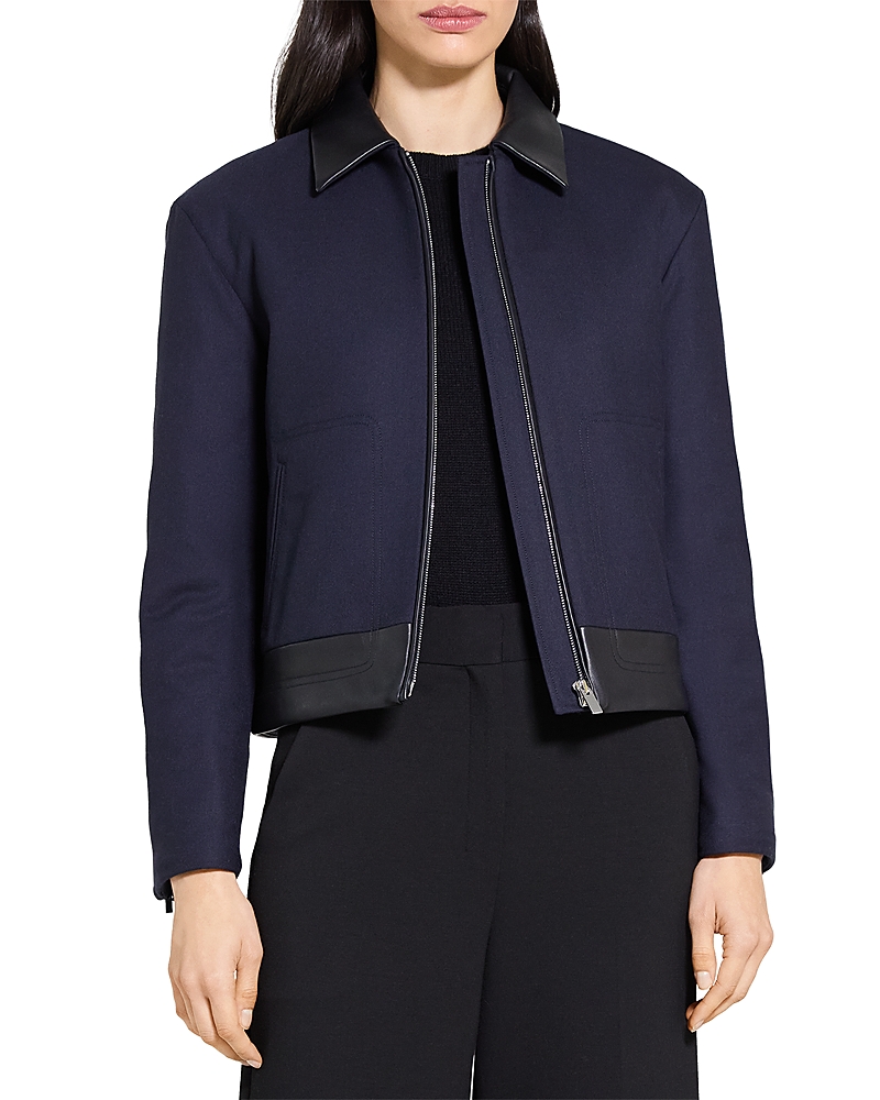 Theory Boxy Crop Jacket With Leather Trim In Blue