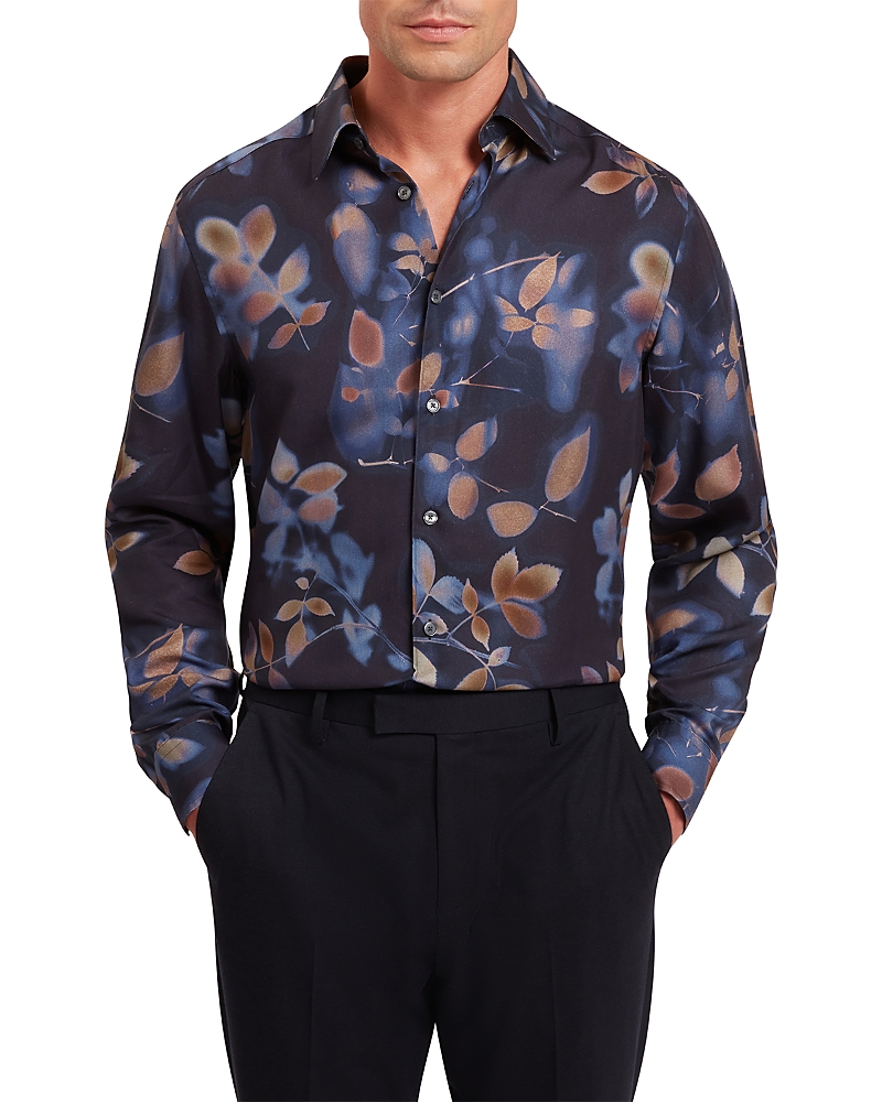 Ted Baker Kalmill Regular Fit Leaf Shadow Print Long Sleeve Shirt In Blue