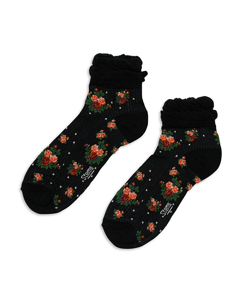 Stems Anna Floral Ruffle Cotton Blend Ankle Socks In Black